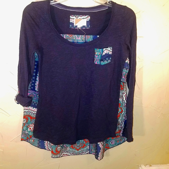 Anthropologie Navy Blue Paisley Flowy Long Sleeve Hi Lo Top Shirt Blouse Tunic - Picture 11 of 14